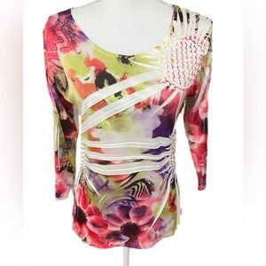 Appraisal Womens Scoop Neck Pullover Top Small White Bold Mod Floral Print